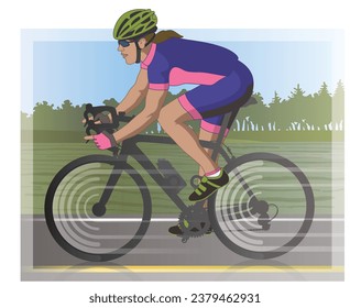 female cyclist racing on road, profile view, with scenery in background