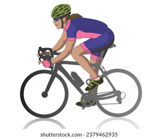 female cyclist racing on road, profile view, isolated on a white background