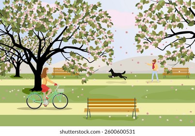 A female cyclist rides through a park of cherry blossoms where a girl trains a dog against the backdrop of mountains, falling cherry blossoms and a clear sky with clouds