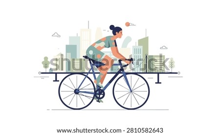 Female cyclist riding a bicycle through a modern city landscape with skyscrapers and bridge structures in the background.