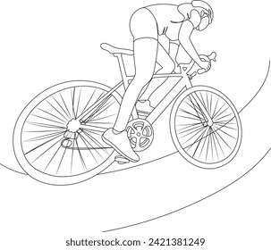 Ciclista Femenina Montando en Bicicleta en la ilustración del contorno del vector de la carretera. Mujer deportiva en un dibujo lineal de bicicleta. 