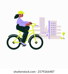 Female Cyclist Riding Bike in Urban Setting in Flat Vector Illustration Symbolizing Outdoor Activity, Eco Transport, and City Commuting, Isolated on White Background