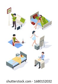 Female daily routine. Housewife making homework everyday processes sleeping eating at kitchen fitness vector isometric set
