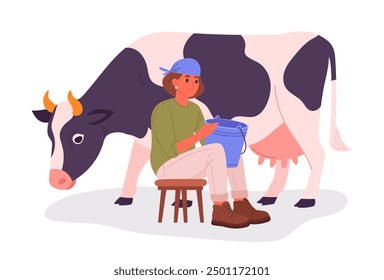 Female dairy farmer. Country milker with cute cow and bucket with fresh milk, female character doing farming job flat vector illustration. Woman take care of domestic animal