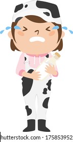 A Female Dairy Farmer Wearing A Cow-patterned Work Wear. Illustration Of A Sad And Crying Woman.