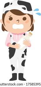 A Female Dairy Farmer Wearing A Cow-patterned Work Wear. Illustration Of A Panicking Woman.