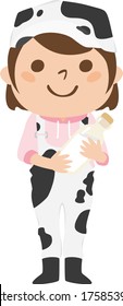 A Female Dairy Farmer Wearing A Cow-patterned Work Wear. Illustration Of A Woman Holding A Milk With A Smile.