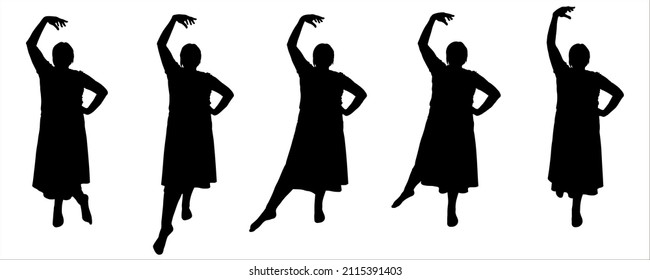 Female dance silhouette: the arm is bent at the elbow and is at the top; one leg stands motionless, the other pulls the sock and moves away from the body back, sideways, forward. Isolated on white.