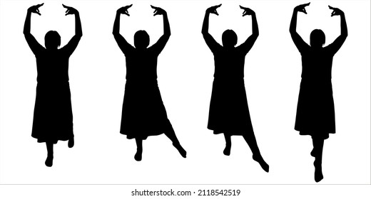 Female dance silhouette: arms are bent at the elbows and are at the top, above the head; one leg stands motionless, the other pulls the toe back, sideways, forward. Isolated on white background.