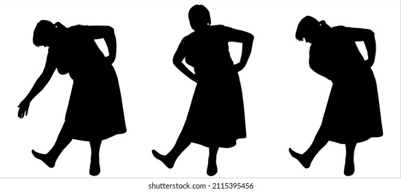 Female dance silhouette: torso bent forward; hands on the belt; one leg stands motionless, the other is located on the heel and extended forward. Three black silhouettes isolated on white background.