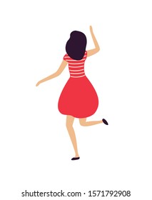 Female dancer dancing in club vector, person wearing red dress clubbing female in nightclub having fun and relaxing. Cheerful lady back view flat style