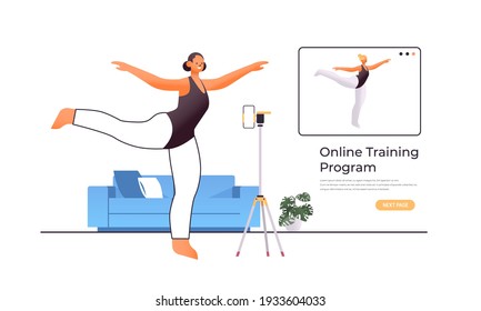 female dancer doing dancing exercises while watching online video training program with dance teacher workout concept isolated full length horizontal copy space vector illustration