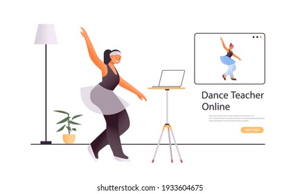 female dancer doing dancing exercises while watching online video training program with dance teacher workout concept isolated full length horizontal copy space vector illustration