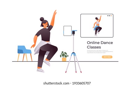 Female Dancer Doing Dancing Exercises While Watching Online Video Training Program With Dance Teacher Workout Concept Isolated Full Length Horizontal Copy Space Vector Illustration