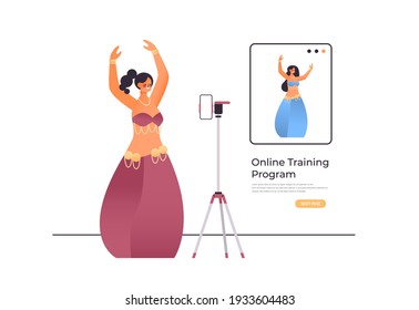 female dancer dressed in eastern style doing dancing exercises online video training program workout concept isolated full length horizontal copy space vector illustration