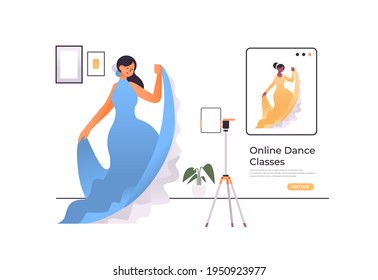 female dancer dressed in eastern style doing dancing exercises online video training program workout