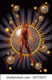 Female dancer in front of abstract background. Vector file, fully editable!