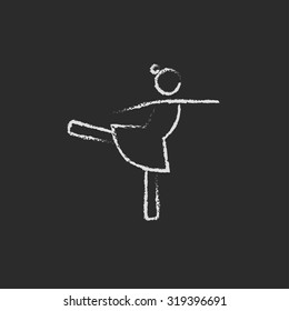 Weibliche Tänzerin, handgezeichnet in Kreide auf einem schwarz-weißem Vektorsymbol einzeln auf schwarzem Hintergrund.