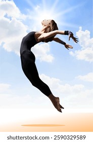 Female dancer performing a graceful jump against a backdrop of clouds and blue sky. Hand drawn Illustration