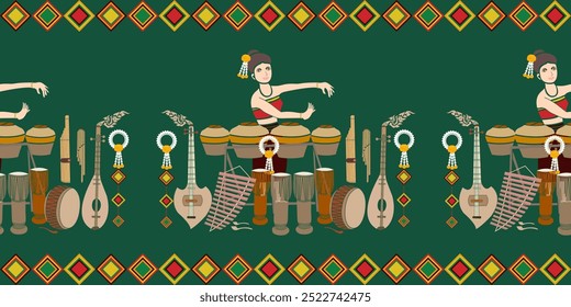 Female dancer plays the jars and the Pong Lang musical instruments such as the mandolin, Pong Lang, drums and the wot etc, on green background decorated with colorful the spider-web tung.Thai name.