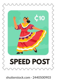 Female dancer in traditional dress, vector stamp illustration.