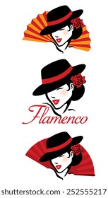 Female dancer is wearing a hat with a rose over her flamenco hairstyle