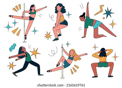 Las bailarinas de dibujos animados personajes dibujaron a mano un conjunto de ilustraciones planas. Escuela de danza colección mínima de vectores con niñas bailarinas aisladas de fondo blanco.