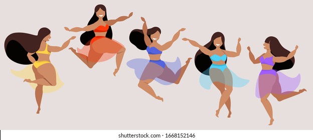 Female dancers in colourful bikini and transparent skirts. Happy long dark hair women smiling, jumping and having fun. Modern vector illustration. Ladies in swimsuits. Popular design elements for web.