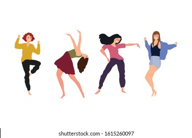Female dancers. Group of young happy dancing people, dancing characters. isolated on white background. Smiling young women enjoying dance party. Colorful vector illustration in flat cartoon style.