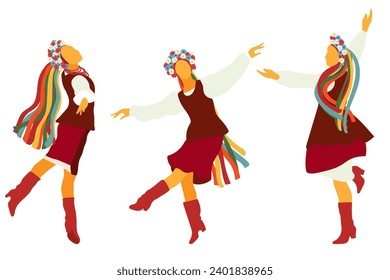 Female dancers wearing Ukrainian traditional clothing. Isolated on white background vector illustration.