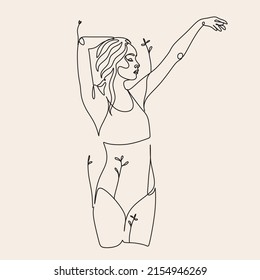 Female Dancing in one line style with plants and leaves. Continuous line art in elegant style for prints, tattoos, posters, textiles, postcards. Elegant Mininmalist Woman Line Art Nature Dance Logo 