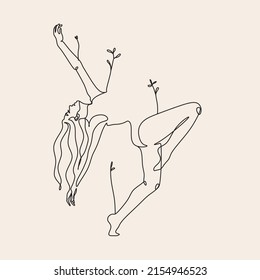 Female Dancing in one line style with plants and leaves. Continuous line art in elegant style for prints, tattoos, posters, textiles, postcards. Elegant Mininmalist Woman Line Art Nature Dance Logo 