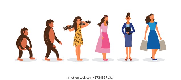 Female Darwin evolution chain from monkey to happy woman with shopping bags. Cartoon line of monkey, cavewoman, businesswoman, etc. Flat isolated vector illustration.