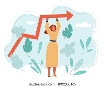 Carácter científico de datos femenino con flecha que muestra tendencia creciente, ilustración vectorial para análisis de grandes datos y concepto estadístico científico. Estilo de dibujos animados vector plano sobre fondo blanco separado.