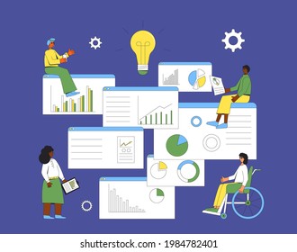 Female data scientists. Business analysis concept. Multicultural team with schemes and diagrams.  Financial researchers. Vector color line art illustration.