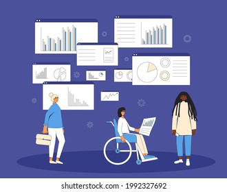 Female data scientists. Business analysis concept. Multicultural team with schemes and diagrams.  Financial researchers. Vector color line art illustration.