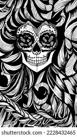 female day of the dead skull hand drawn vector black and white clip art
