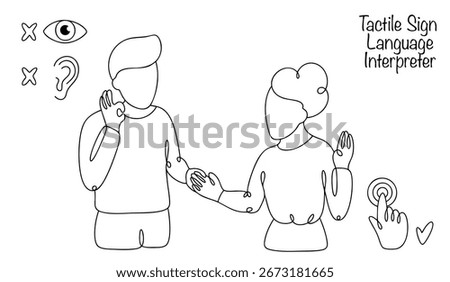 A female deafblind interpreter translates information for a man with simultaneous visual and hearing impairments using sign language, tactile signals and the fingerspelling alphabet.