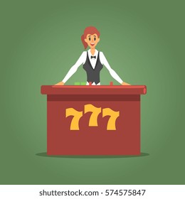 Female Dealer Waiting For Guests At The Poker Table, Gambling And Casino Night Club Related Cartoon Illustration