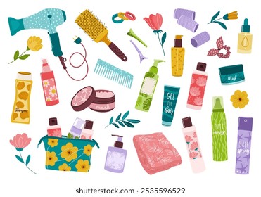 Productos de belleza decorativos femeninos y cosméticos en botellas, tubos, tarros y dispensadores para el cuidado del cabello: accesorios de belleza, champú, secador de pelo, máscaras, bolsa de cosméticos. Ilustraciones vectoriales planas aisladas.