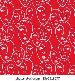 Female decorative faces vector seamless pattern. Line art. Red background.