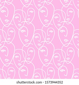 Female decorative faces vector seamless pattern. Line art. Pink and white background.