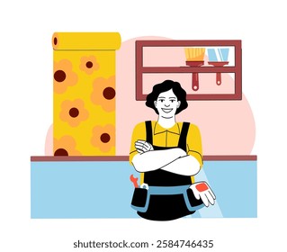 Female decorator in yellow and black outfit standing confidently in front of a wallpaper roll, tools, and brushes, symbolizing home improvement