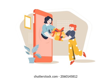 Female Deliver Gift Through Mobile Illustration concept. Flat illustration isolated on white background.