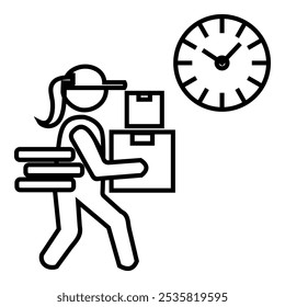 Uma entregadora feminina está correndo e trazendo caixas de papelão empilhadas com temporizador de relógio nele. Ilustração de símbolo de vetor de design de ícone.