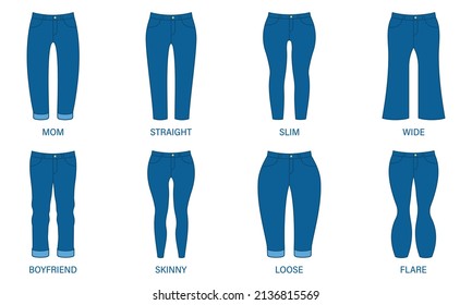 Female Denim Pants Style. Type of Woman Jeans. Skinny, Boyfriend, Loose, Slim, Straight, Mom, Flare, Wide Jeans Silhouette Pictogram. Blue Women Trousers Style. Isolated Vector Illustration.