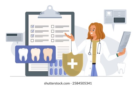 Female dentist with clipboard, documents, and tooth illustrations on a white background. Concept of dental health, checkups, and medical consultation