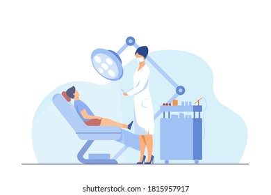 Female dentist curing boy in chair. Tooth, treatment, toothache flat vector illustration. Stomatology and medicine concept for banner, website design or landing web page