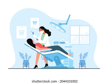 Female dentist doing dental work for customers in a medical clinic. Patient Lying in Medical Chair in dental practice room and dentist doing operating. Flat vector cartoon illustration