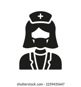 Female Dentist in Face Mask Silhouette Icon. Dental Doctor Woman Glyph Pictogram. Pediatrician Symbol. Physician, Dental Surgeon, Orthodontist Sign. Clinic Staff. Isolated Vector Illustration.